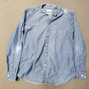 Farah Mens Slim Fit Blue Cotton Button Down Shirt Size Medium Long Sleeve